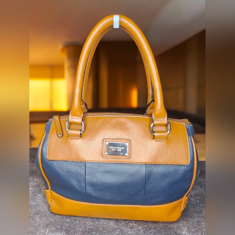 Tignanello Two-Tone Leather Satchet/Shoulder Bag In Blue & Tan - Picture 1 of 14